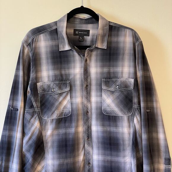 INC L plaid western long sleeve button down t-shirt gray white cotton cowboy - Picture 2 of 7